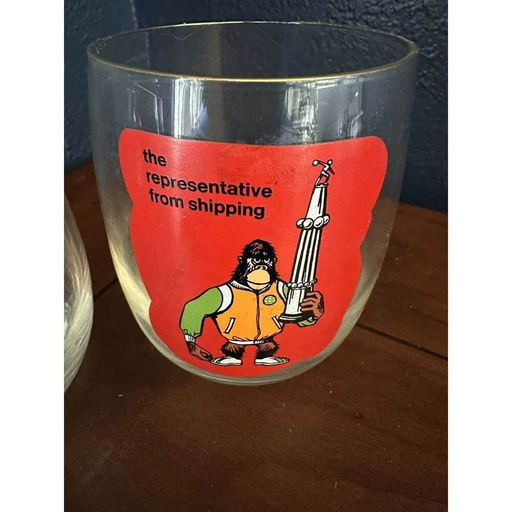 Set of 2 Vintage Ashby Bowling Cartoon Cocktail Beer Glasses Mug Gold Rim 1970’s